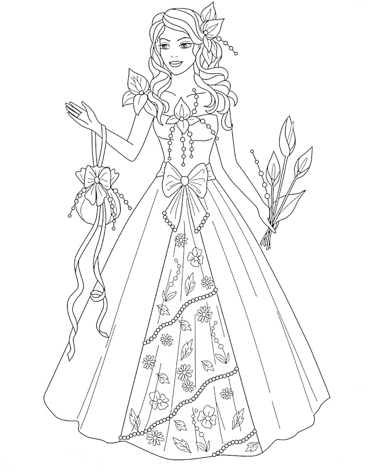 Раскраска Принцесса с длинными волосами в длинном платье с цветочным узором, с аксессуарами в виде ленты и веткой с листьями.