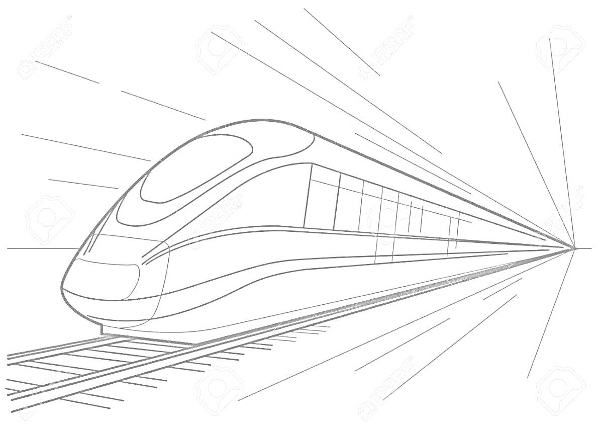 На раскраске изображено: Поезд, Высокоскоростной поезд, Рельсы, Движение, Транспорт, Линии, Скорость, Железная дорога
