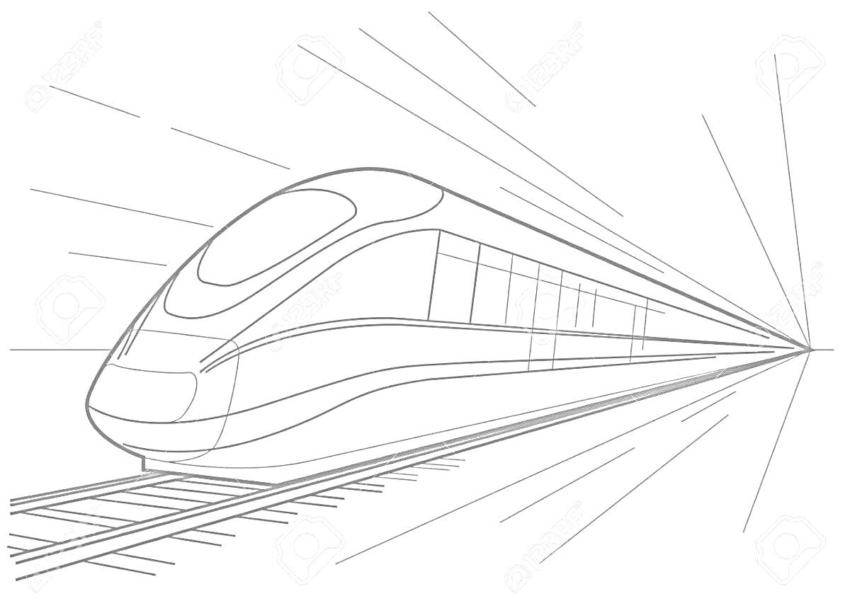 Раскраска Высокоскоростной поезд на рельсах с показанным движением вперед, линии движения обозначены за поездом
