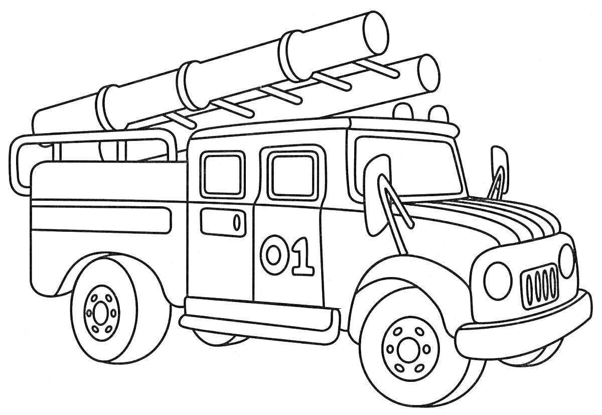 На раскраске изображено: Пожарная машина, Лестница, Номер 01, Спасательная техника, Специальная техника, Иллюстрация