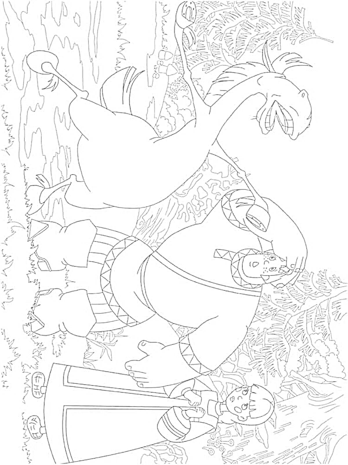 На раскраске изображено: Три богатыря, Богатырь, Лошадь, Девочка, Природа, Закат, Лес, Река