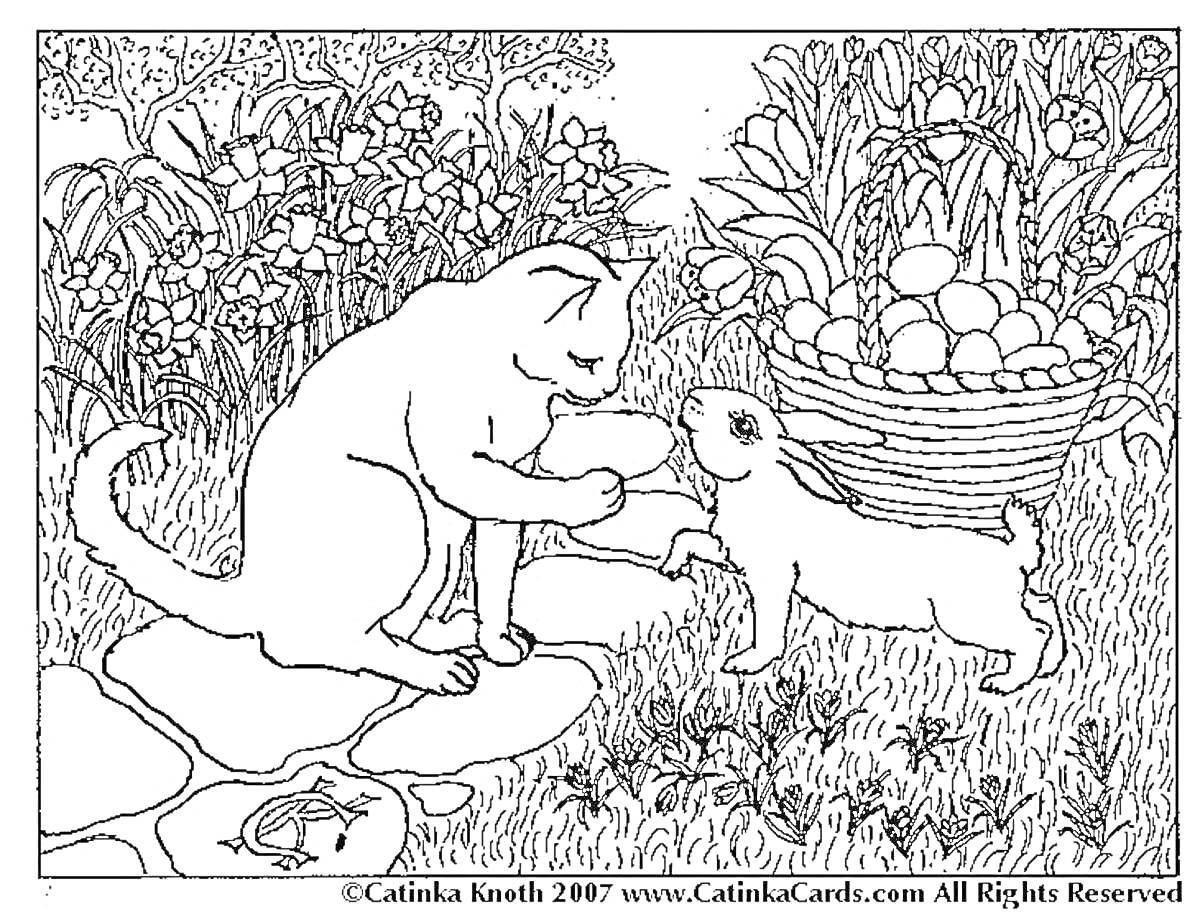Раскраска Кот и кролик в саду с корзиной, цветами и каменными плитками