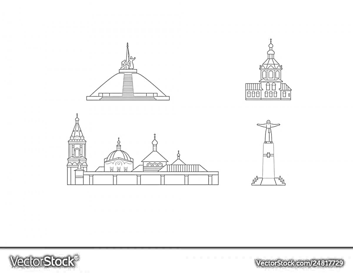 Раскраска Достопримечательности Чебоксар - музейный комплекс, церкви и монумент. Изображены четыре объекта: музей с куполом, церковь с колокольней, церковный ансамбль с триумфальной аркой и монумент в виде женщины с разводящими руки крыльями.