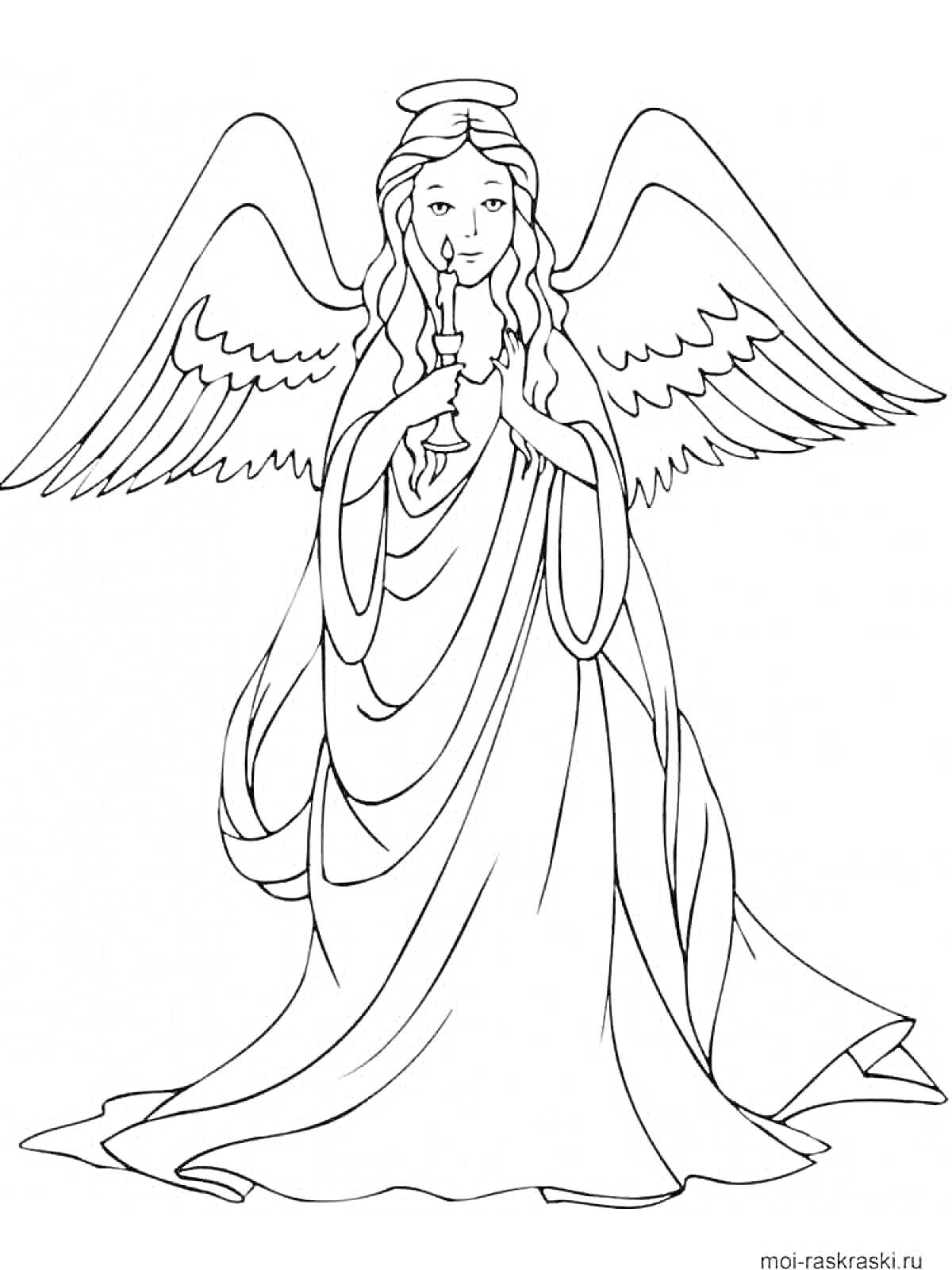 На раскраске изображено: Ангел, Крылья, Платье, Нимб, Волосы, Свечи