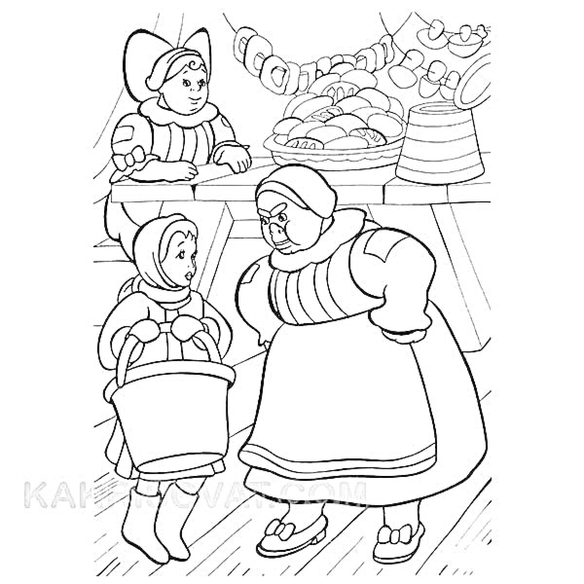 Раскраска Женщина и девочка с ведром в традиционных костюмах возле торговой лавки