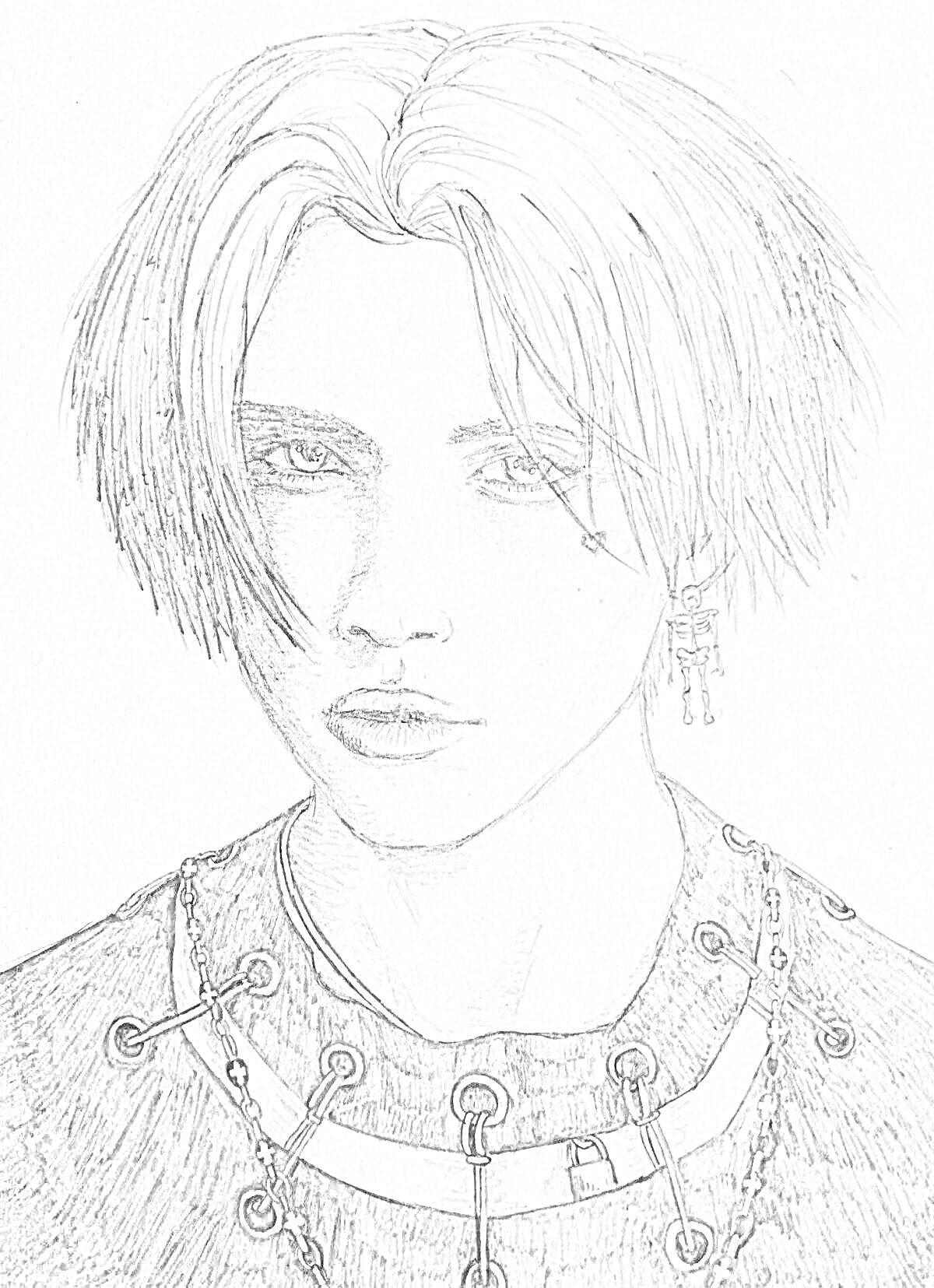 Раскраска Портрет человека с прямыми волосами, серьгой и киберпанковскими цепями