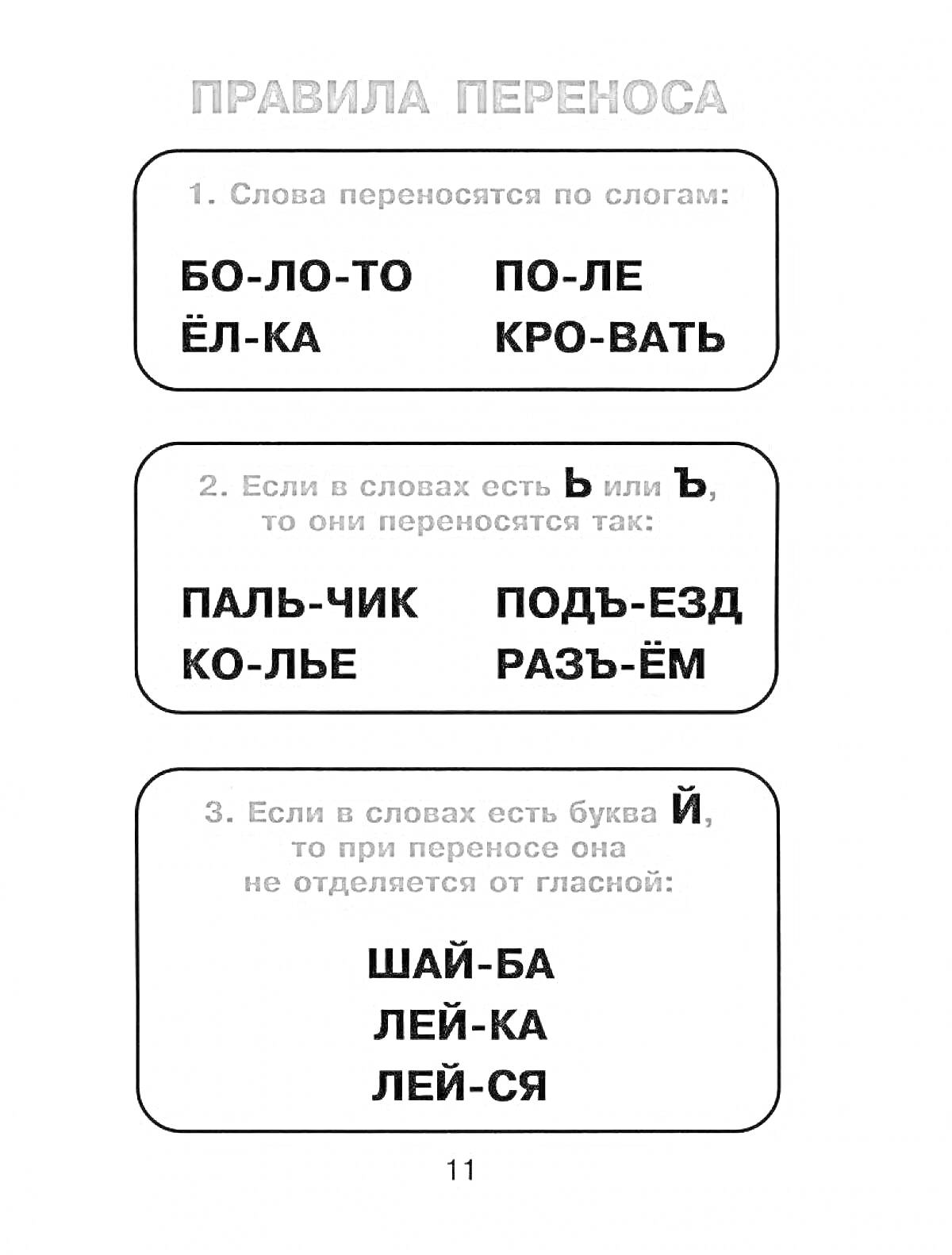 Раскраска Правила переноса слов - Слова с Ъ и Ь знаками, а также перенос слов с буквой Й