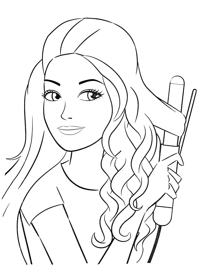 Девушка с длинными волосами, использующая утюжок для завивки волос