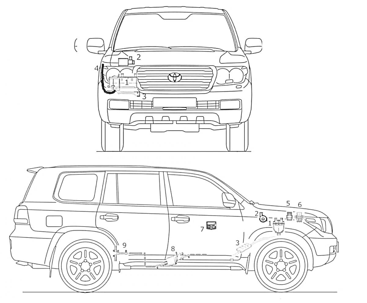 Раскраска Раскраска Toyota Land Cruiser с обозначением внутренних компонентов