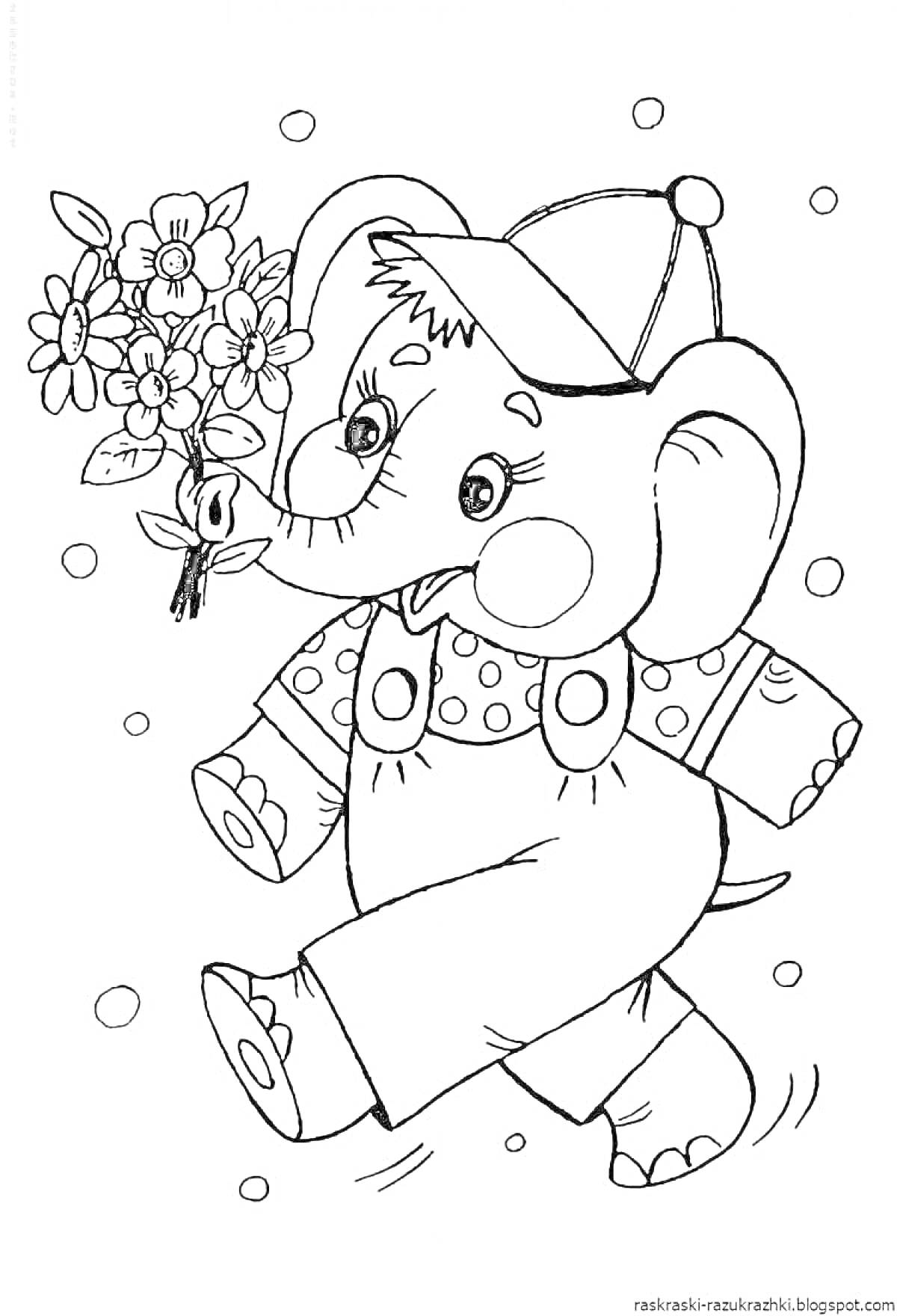 Раскраска Слонёнок с цветами в шляпе и комбинезоне