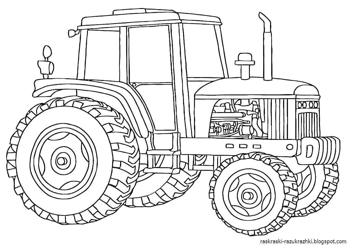 Раскраска Трактор с большими задними и маленькими передними колёсами, кабина с выхлопной трубой и антеннами.