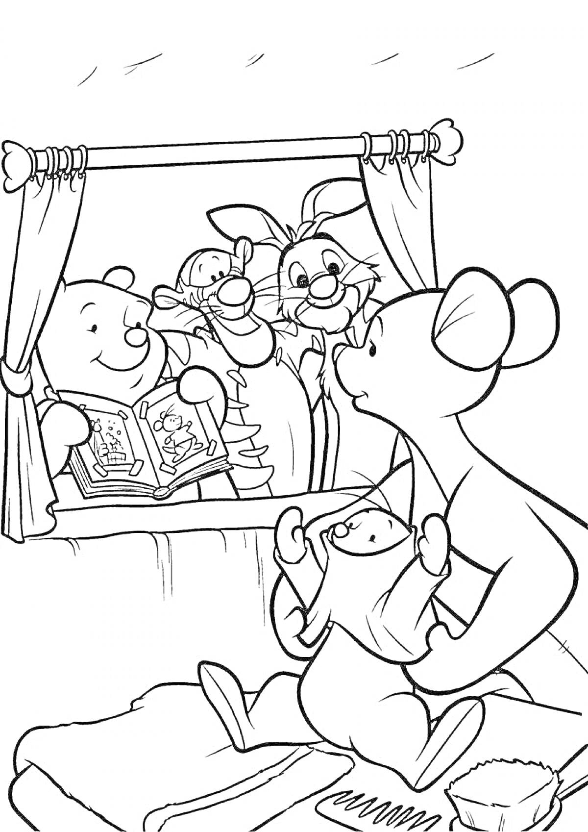 На раскраске изображено: Кролик, Ребёнок, Книга, Шторы, Комната, Окна, Медведь, Мышь