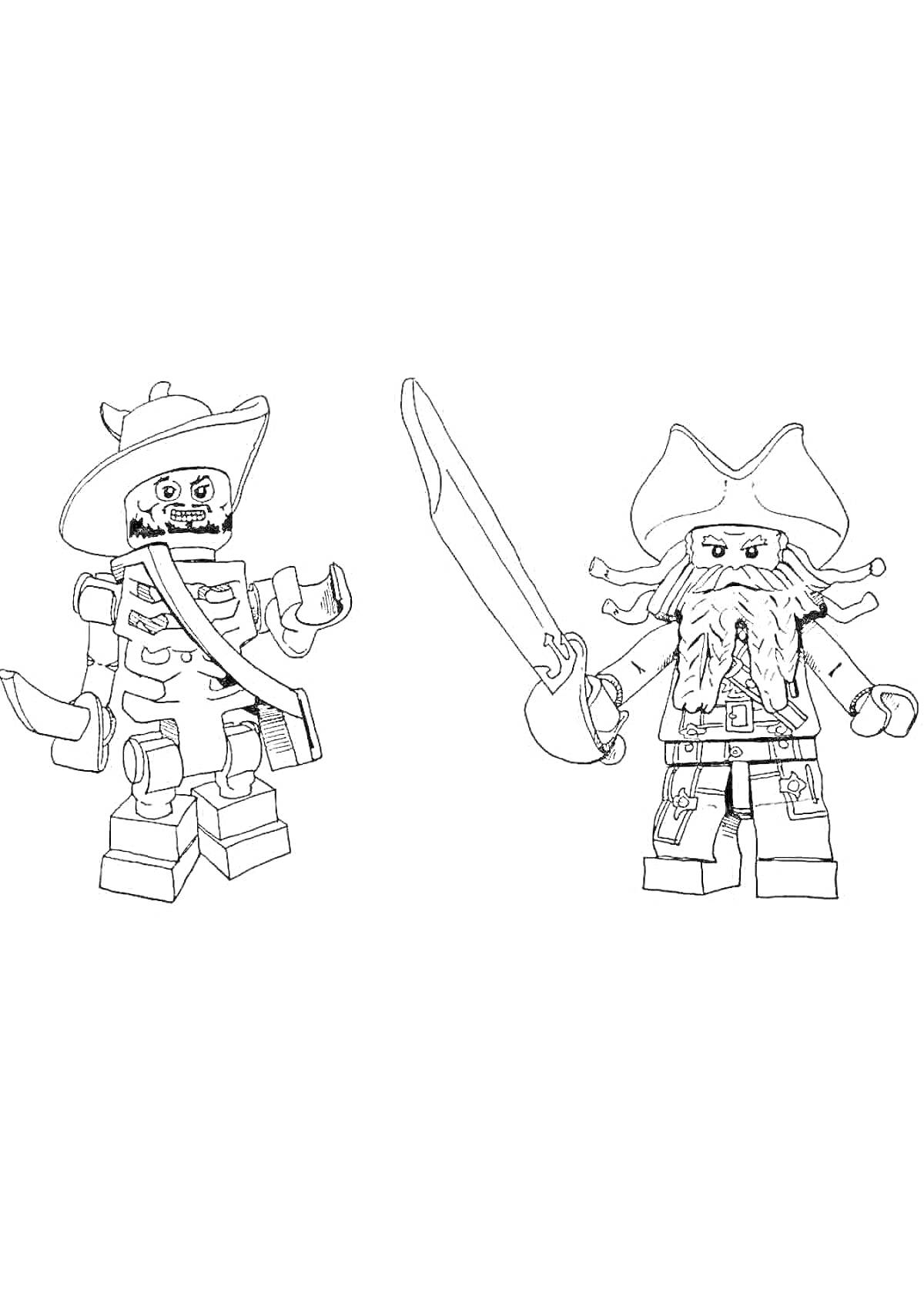 Раскраска Два лего-пирата, один с крюком и саблей, другой с мечом