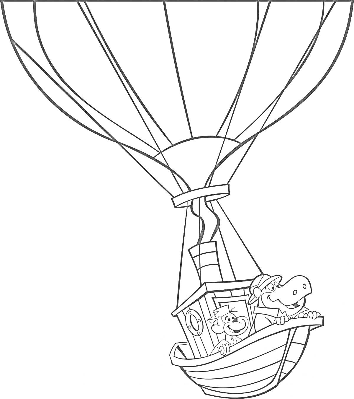 Раскраска воздушный шар с корзиной в виде корабля и собака с человеком внутри