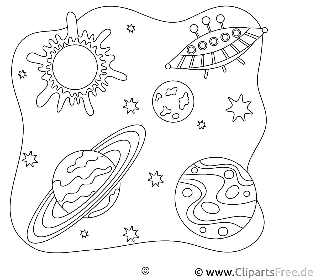 На раскраске изображено: Космос, Вселенная, Солнечная система, Планеты, Звезды, Солнце, Космический корабль