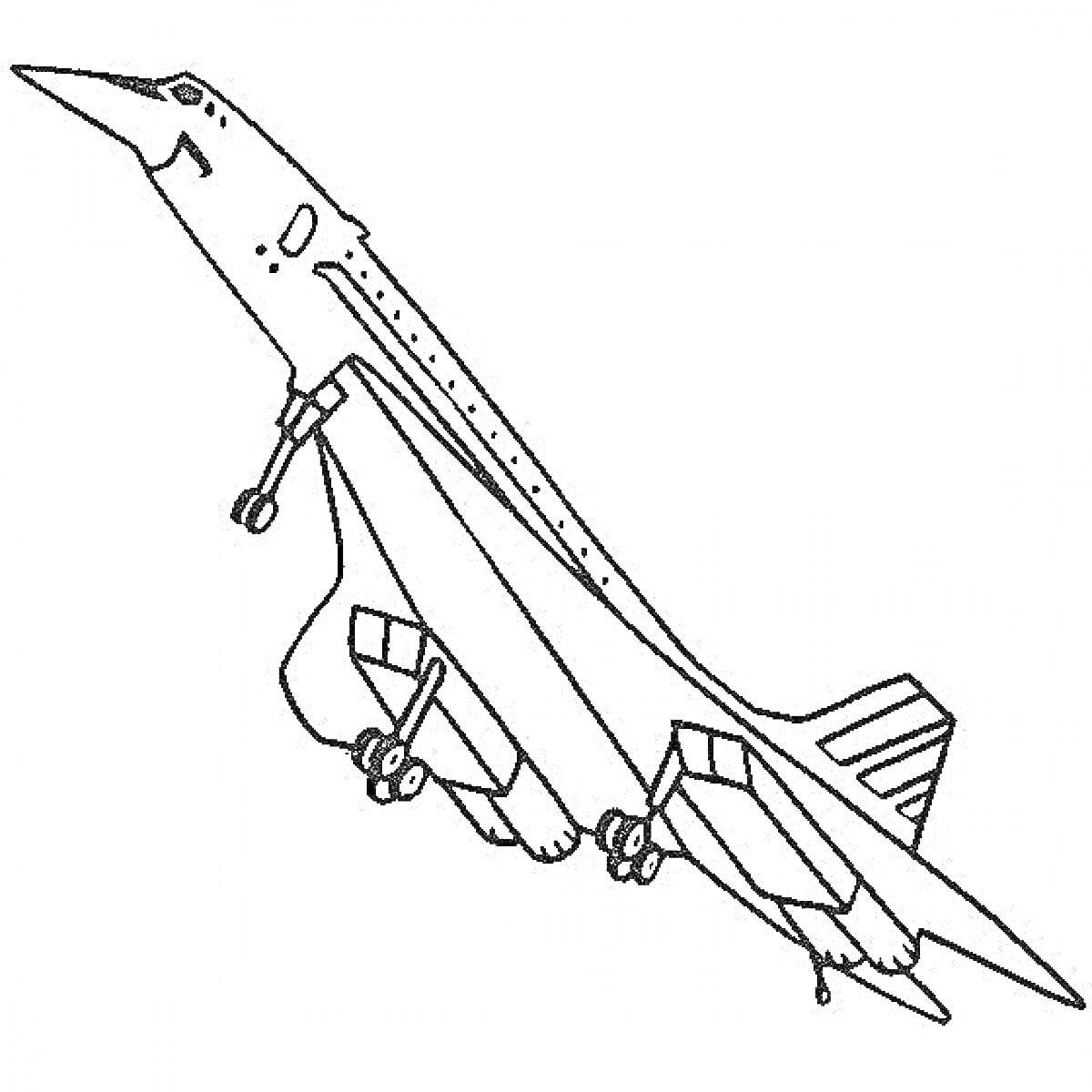 На раскраске изображено: Ту-144, Шасси, Полет, Авиация