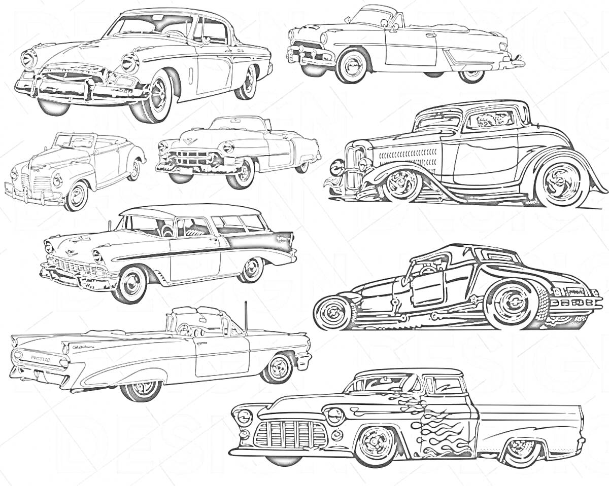 Раскраска Ретро машины. Коллекция автомобилей на изображении включает старинные седаны, кабриолеты, купе и грузовики в различных стилях и моделях. Машины имеют классические и винтажные элементы оформления.