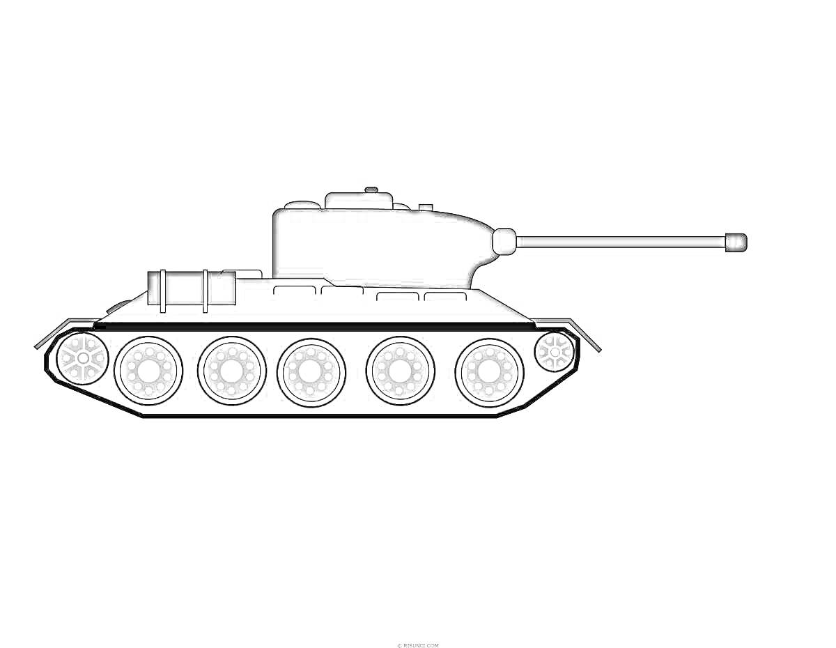 На раскраске изображено: Танк, Военная техника, Бронетехника, Пушка, Гусеницы