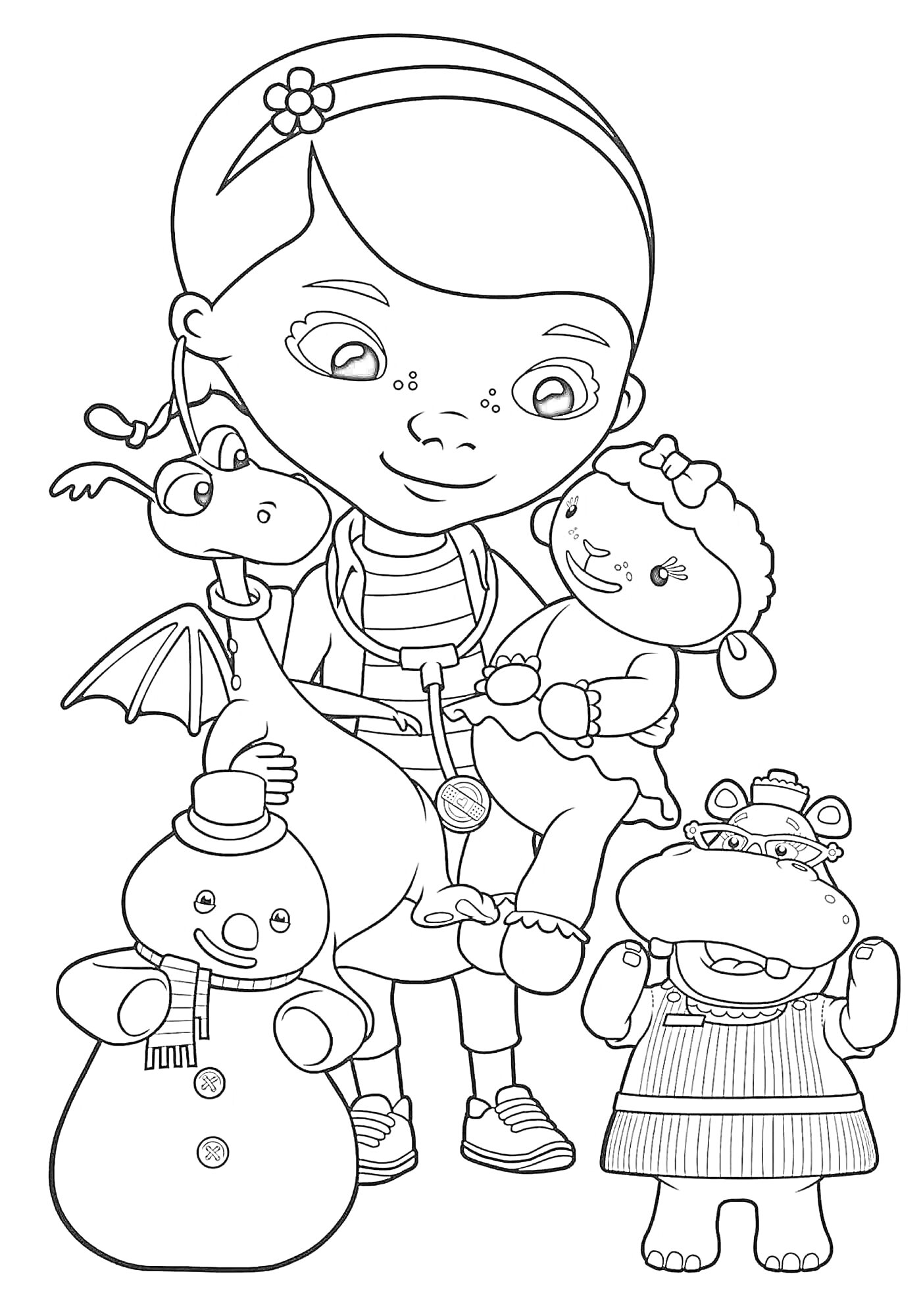 Раскраска Девочка с игрушками - дракон, овечка, снеговик и бегемот