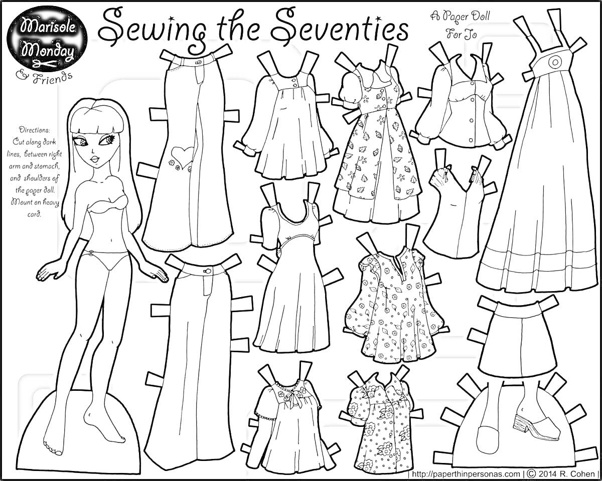 На раскраске изображено: Кукла, Одежда для вырезания, Юбки, Шорты, Блузка, Платье