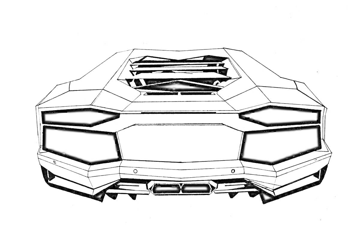 Раскраска Вид сзади спортивного автомобиля Lamborghini Urus с хорошо разрисованными деталями кузова, включая задние фонари и аэродинамические элементы.