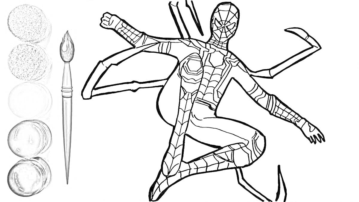 Раскраска Железный человек-паук с кистью и красками