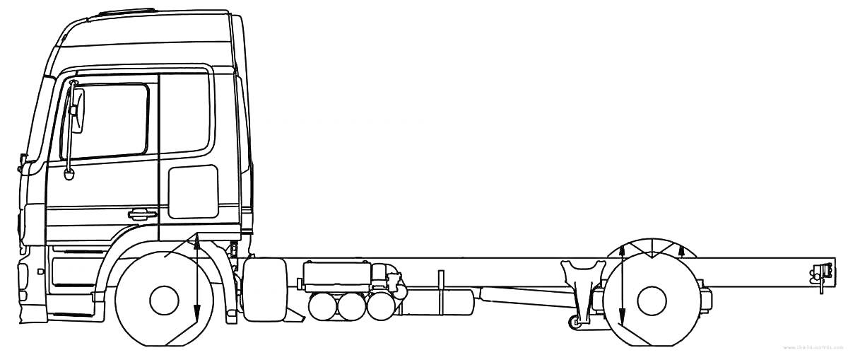 Раскраска Чертеж фуры MAN с кабиной без прицепа, вид сбоку