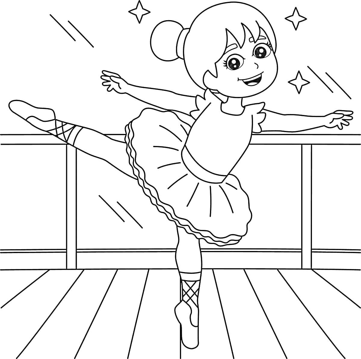 Раскраска Маленькая балерина на паркетном полу у балетного станка