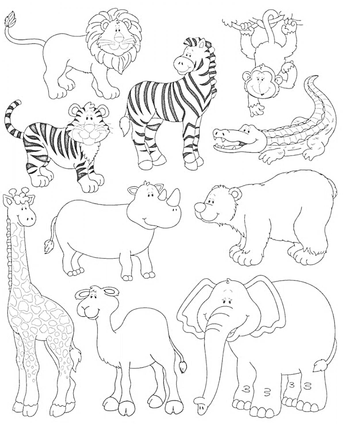 На раскраске изображено: Дошкольники, Животные, Жаркие страны, Лев, Тигр, Обезьяны, Крокодил, Носорог, Медведь, Верблюд, Слон