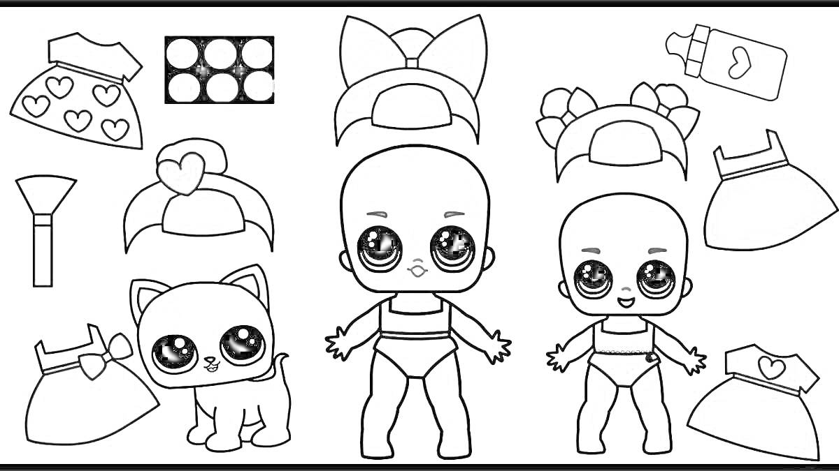РаскраскаРаскраска с куклами LOL и одеждой, включающая две куклы, кошку, различные наряды, обувь, головные уборы и аксессуары