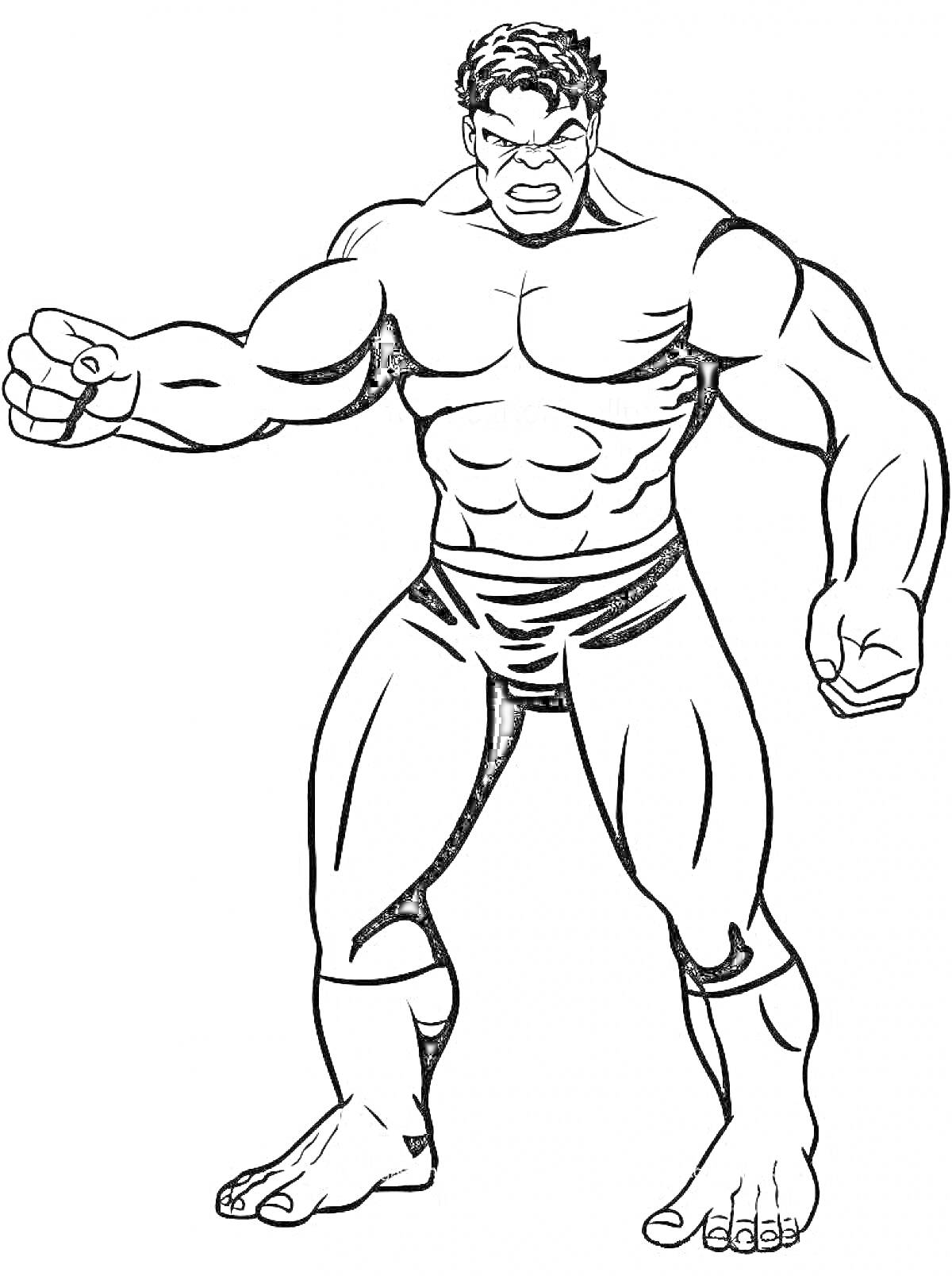 На раскраске изображено: Халк, Комиксы, Напряжение, Сила, Сжатые кулаки, Стоящий человек, Суперсила