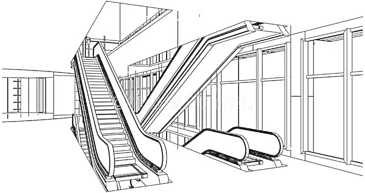 Эскалатор и помещения торгового центра с большими окнами и архитектурными деталями