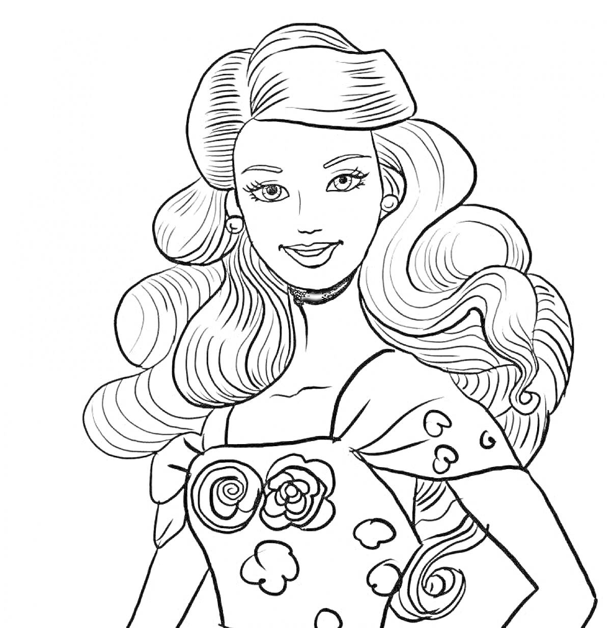 Раскраска Барби с длинными волнистыми волосами, в платье с сердечками и цветами