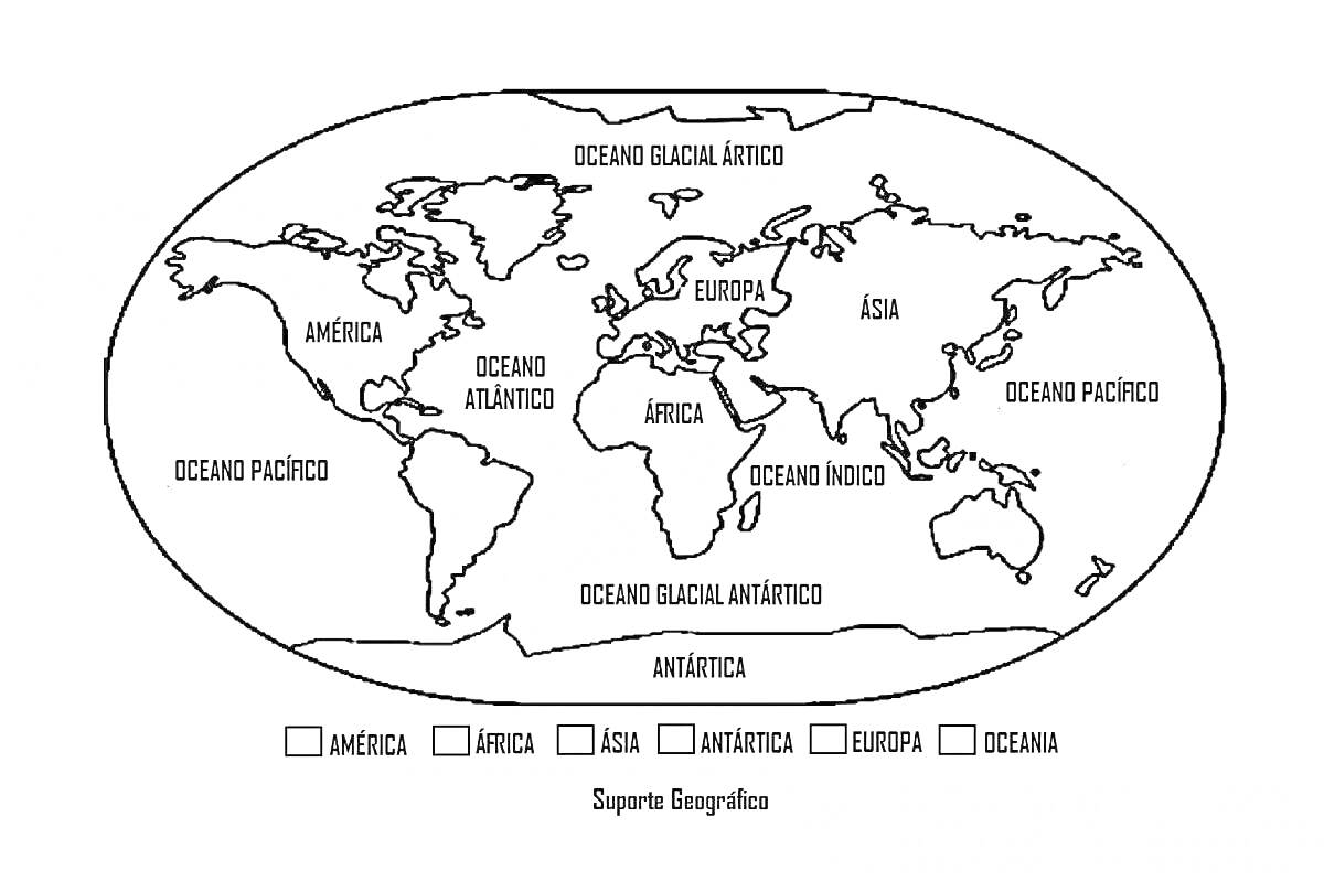 Раскраска Карта мира с материками и океанами: Америка, Африка, Азия, Антарктида, Европа, Океания, Океан Ледовитый, Океан Атлантический, Океан Индийский, Океан Тихий, Океан Южный