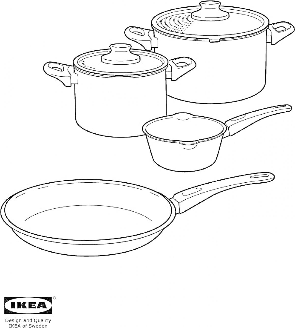 На раскраске изображено: Кухня, Кастрюли, Крышки, Ковш, Сковорода, Посуда