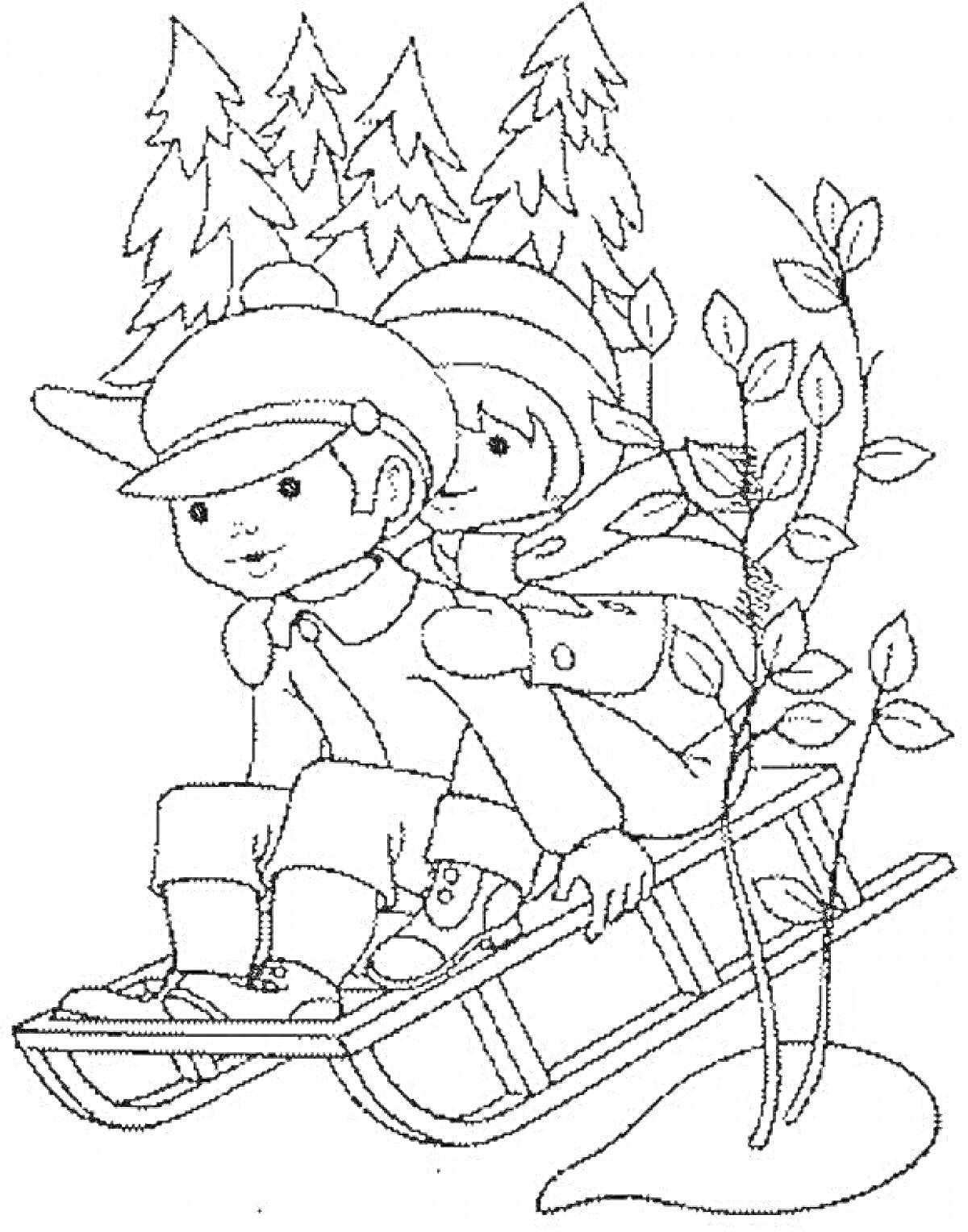 Раскраска Дети катаются на санках в лесу возле дерева