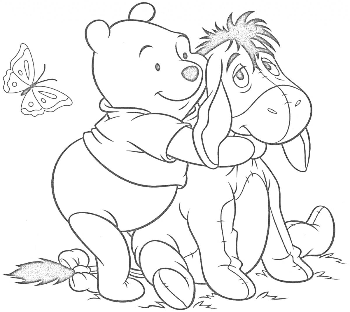 Раскраска Медвежонок и ослик с бабочкой