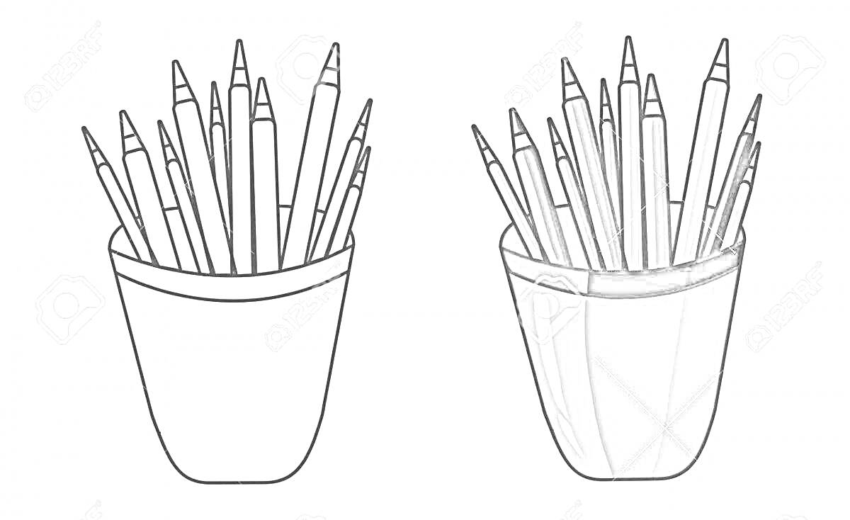 Раскраска Стакан с карандашами, один черно-белый, другой раскрашенный