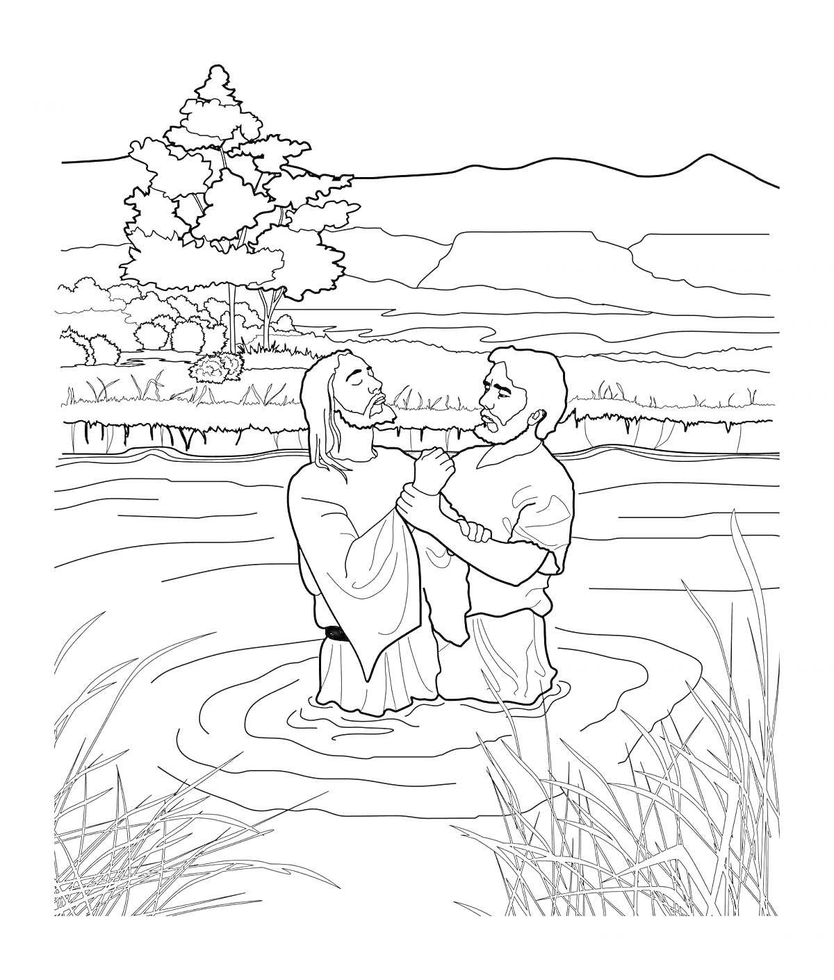 Раскраска Крещение Господне, двое взрослых мужчин стоят в воде, один крестит другого, берег, дерево, горы, кусты и трава вокруг