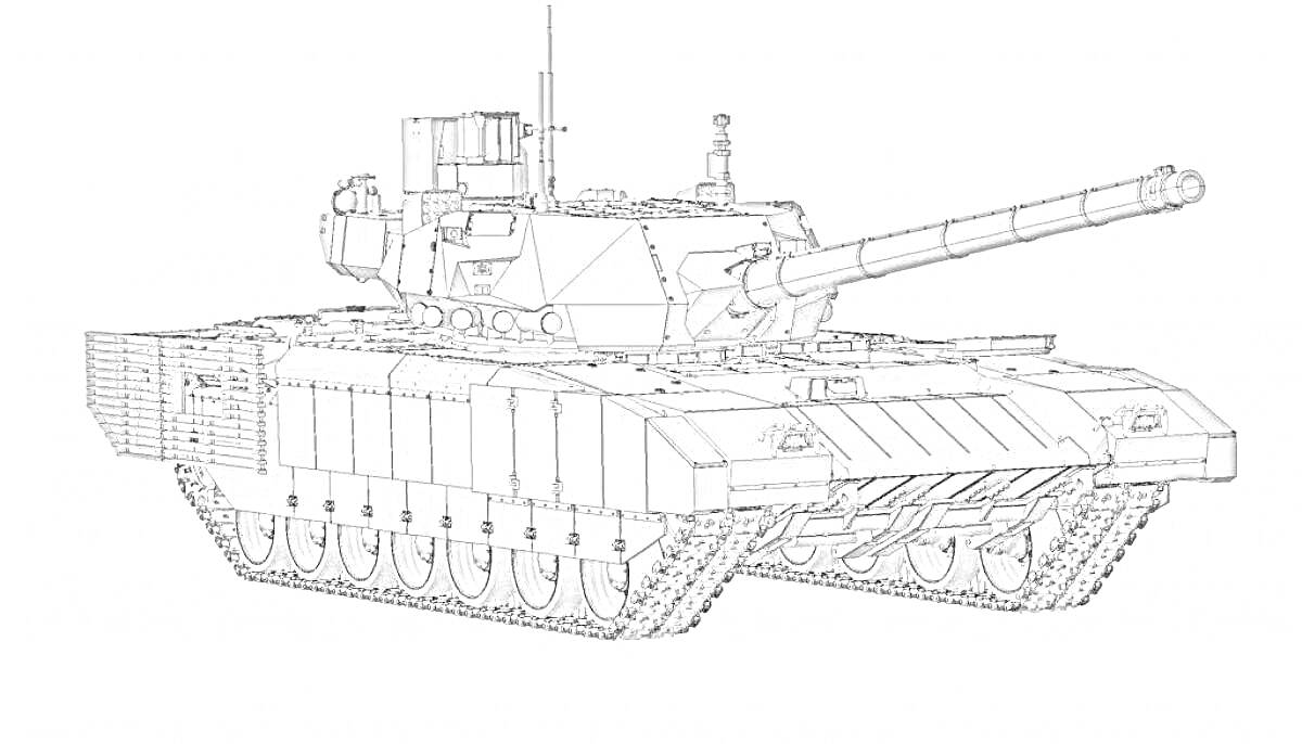 Раскраска Танк Армата с пушкой, бронированным корпусом и радиомачтой