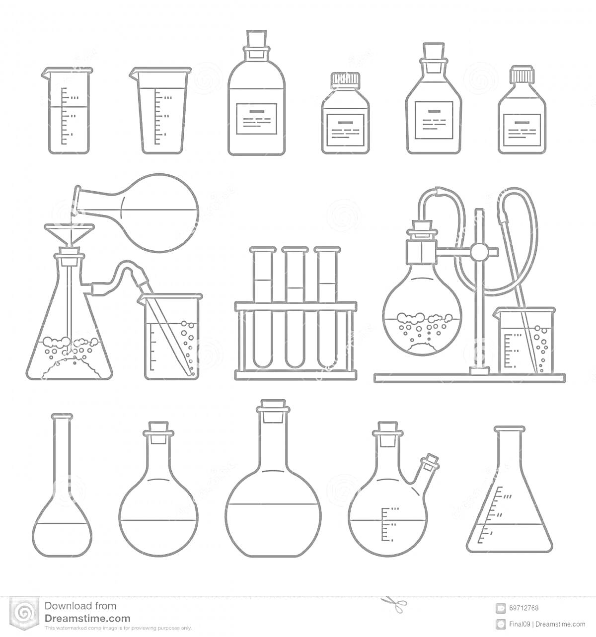 Раскраска Набор химической лаборатории с мензурками, бутылками, колбами, бюретками, пробирками и штативом