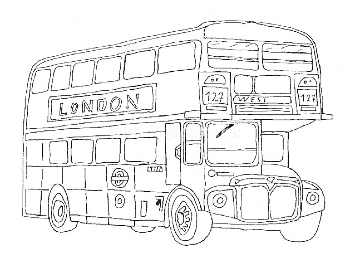 Раскраска Двухэтажный автобус в Лондоне с надписью 