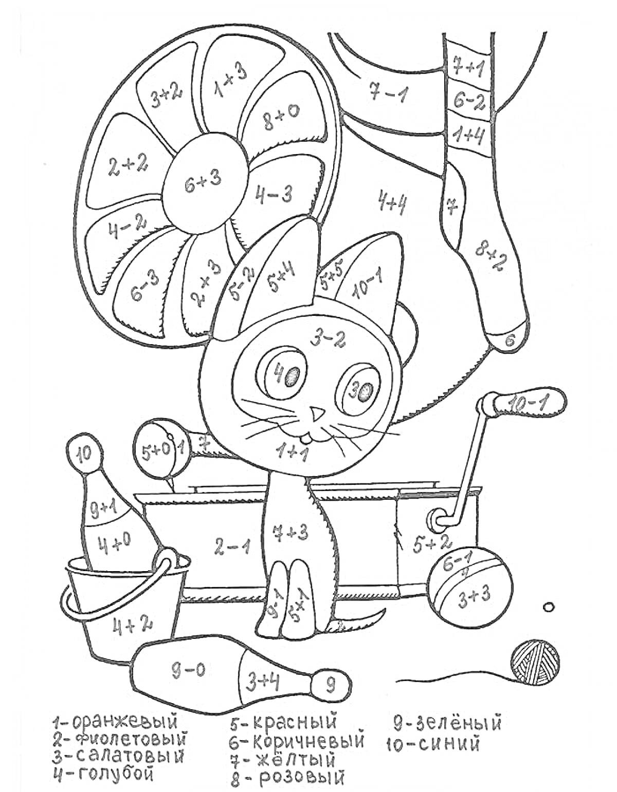 Кот на самокате с круглым вертолетным снарядом, ведром, лопаткой и мячиком, разукраска по математическим примерам
