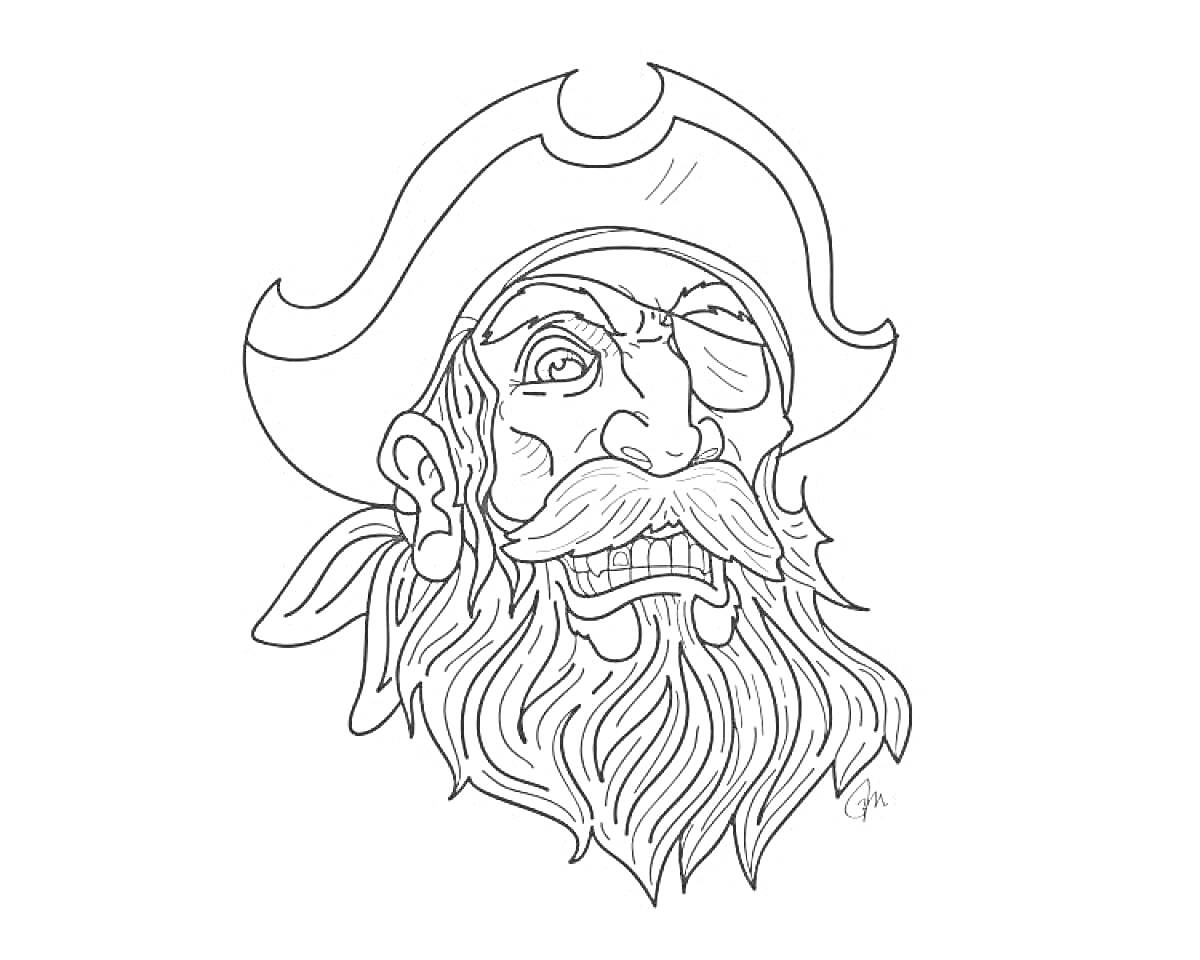 Раскраска Пират с бородой, повязкой на глазу и серьгой в ухе
