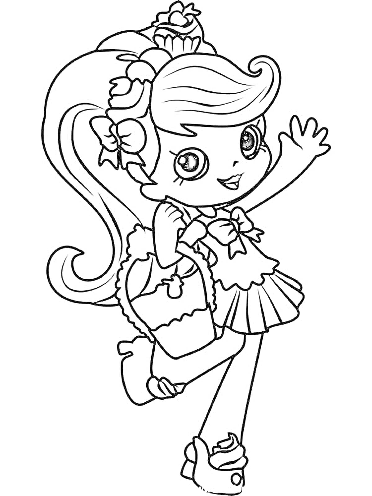 Раскраска Девочка с пышными волосами, украшенными бантиками и цветами, в платье с рюшами и босоножках, держащая сумочку, машет рукой