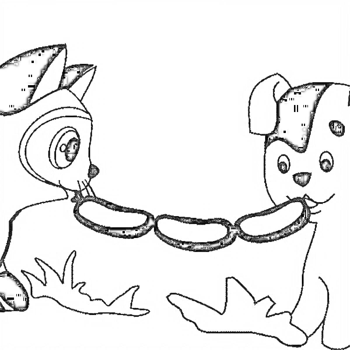 Раскраска Кот и собака с сосисками на траве