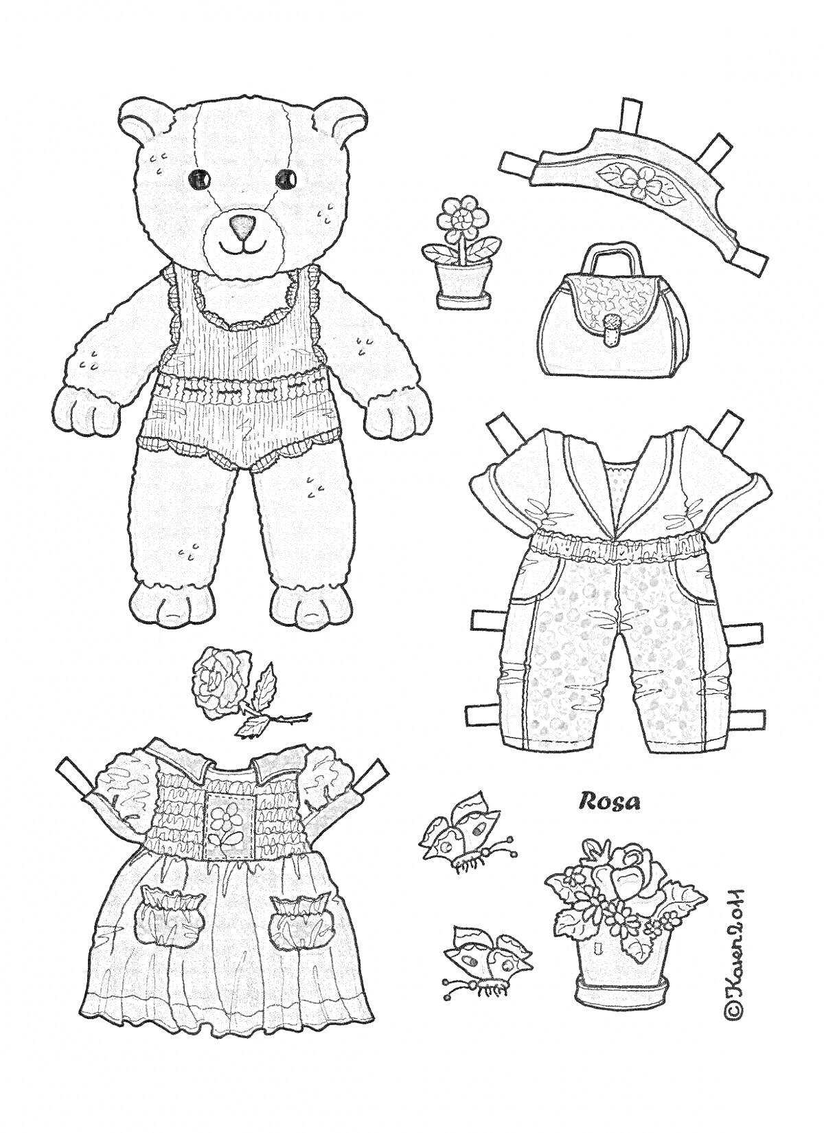 Раскраска Мишка с одеждой и аксессуарами: платье, брюки с пиджаком, ободок, сумка, цветок в горшке, бабочки, цветок