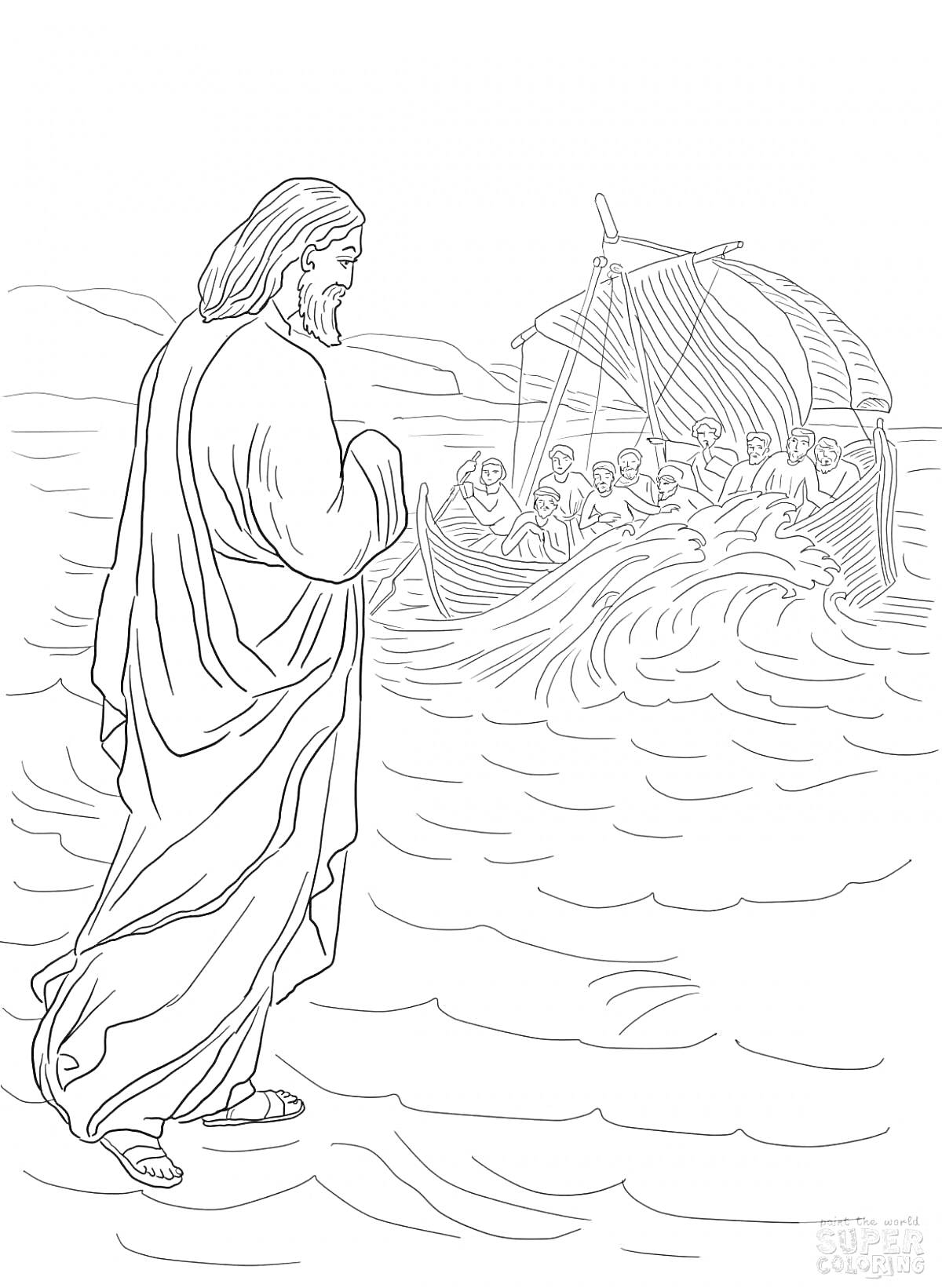 На раскраске изображено: Библия, Иисус, Ученики, Лодка, Море, Чудо, Христианство, Вода