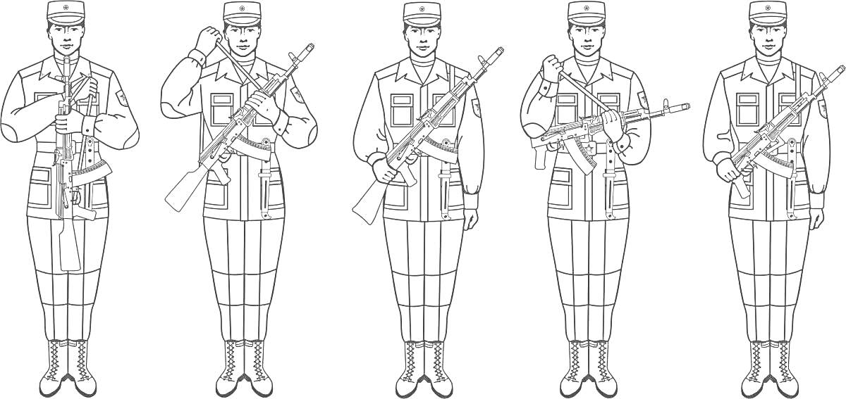 На раскраске изображено: Солдат, Автомат, Военный, Строй, Форма, Оружие, Армия, Марш