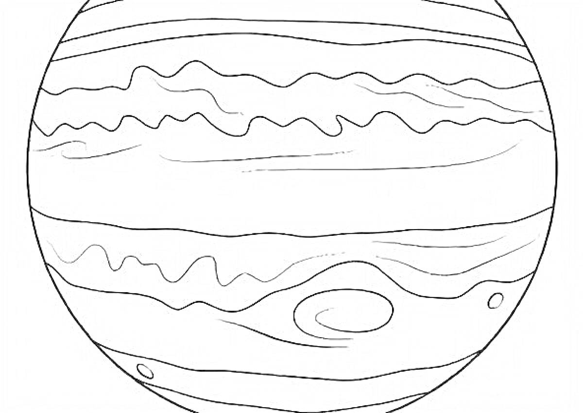 На раскраске изображено: Юпитер, Солнечная система, Космос, Астрономия, Облака, Пятна